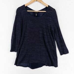 WHBM Top XS Long Sleeve Slub Pleat Back Navy Blue Heather 3/4 Sleeve NEW